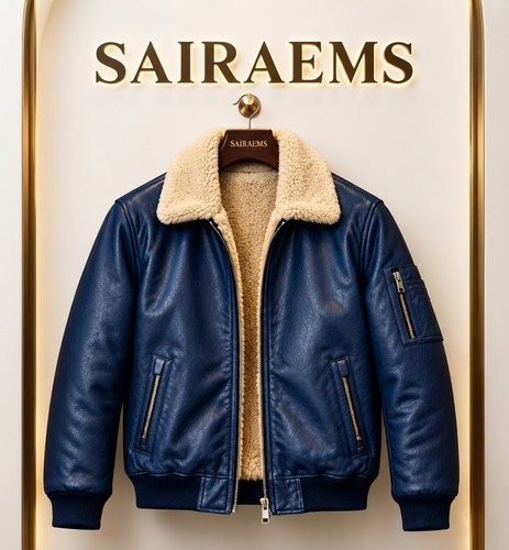 Men blue leather bomber - men's,